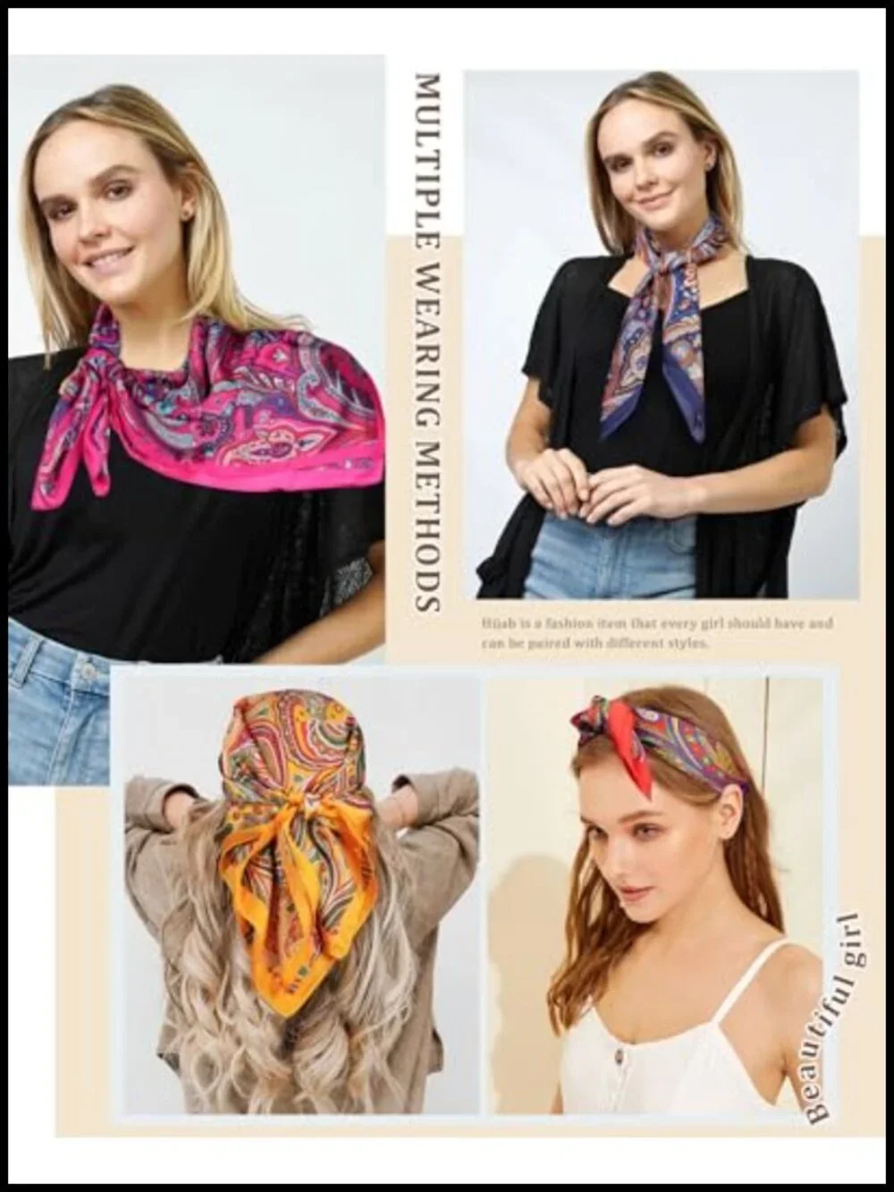 Set of 4 Silk Satin Square Head Scarves for Women Hair Wrap Bandana